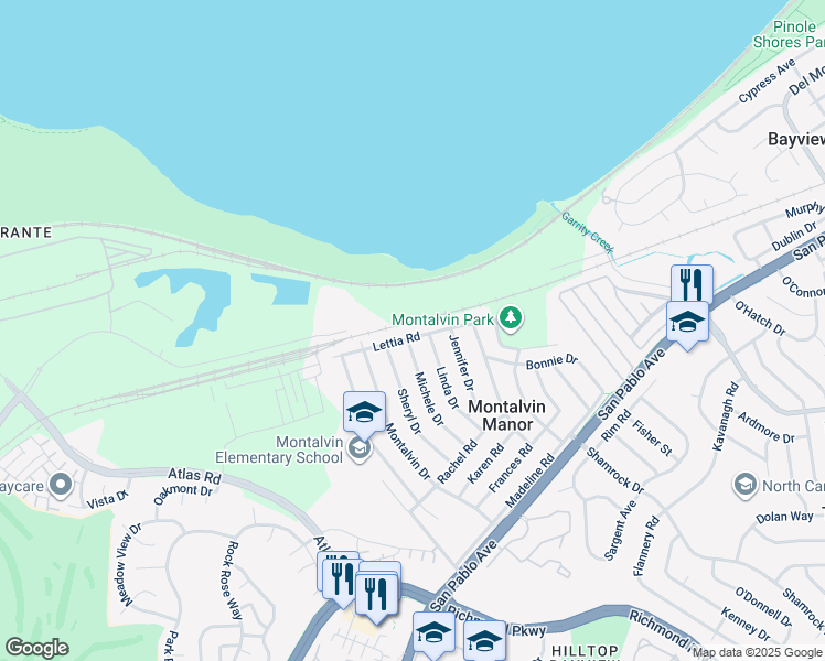 map of restaurants, bars, coffee shops, grocery stores, and more near 1339 Lettia Road in San Pablo