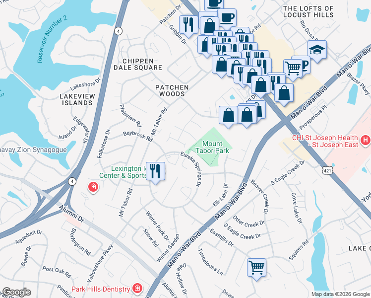 map of restaurants, bars, coffee shops, grocery stores, and more near 452 Windfield Place in Lexington