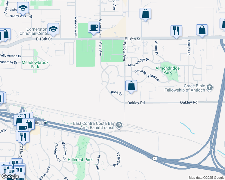 map of restaurants, bars, coffee shops, grocery stores, and more near 2409 Roca Drive in Antioch