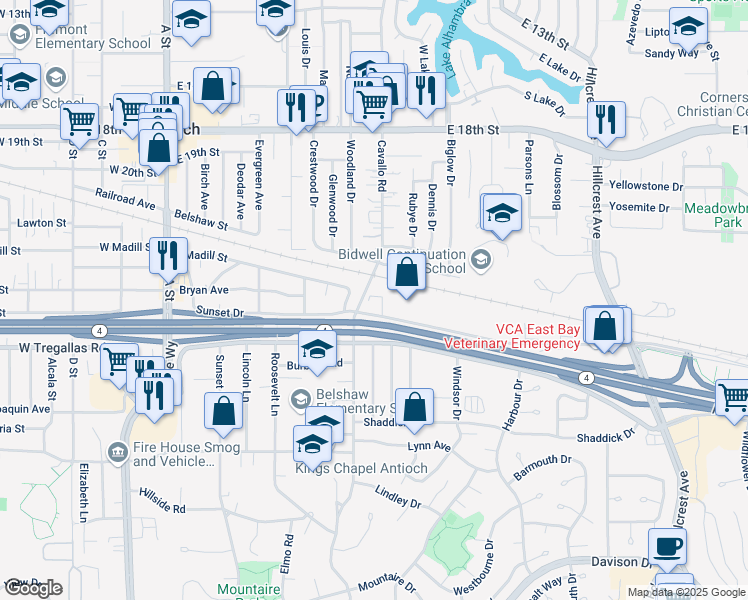 map of restaurants, bars, coffee shops, grocery stores, and more near 221 Sunset Drive in Antioch