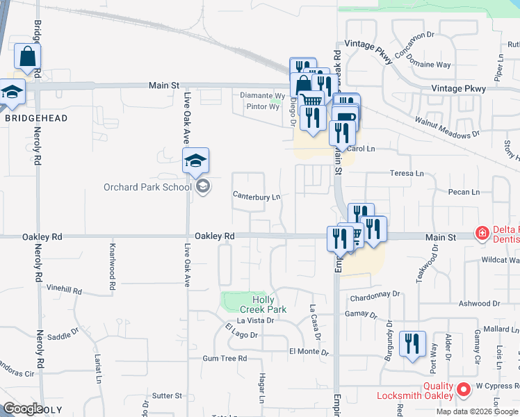 map of restaurants, bars, coffee shops, grocery stores, and more near 5121 Ventnor Lane in Oakley