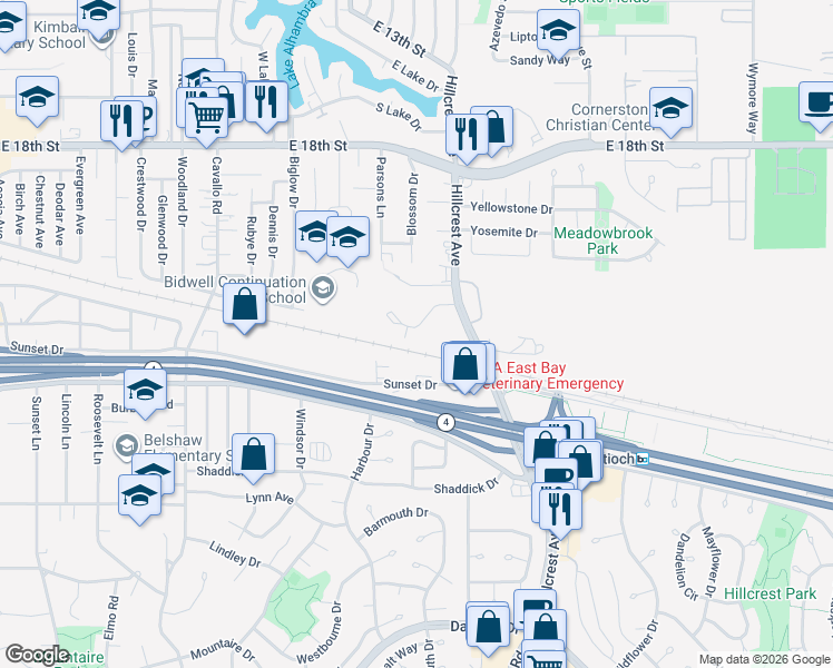 map of restaurants, bars, coffee shops, grocery stores, and more near 2299 Renwick Lane in Antioch