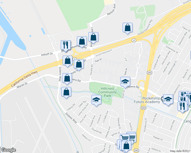 map of restaurants, bars, coffee shops, grocery stores, and more near 2011 Olivera Road in Concord