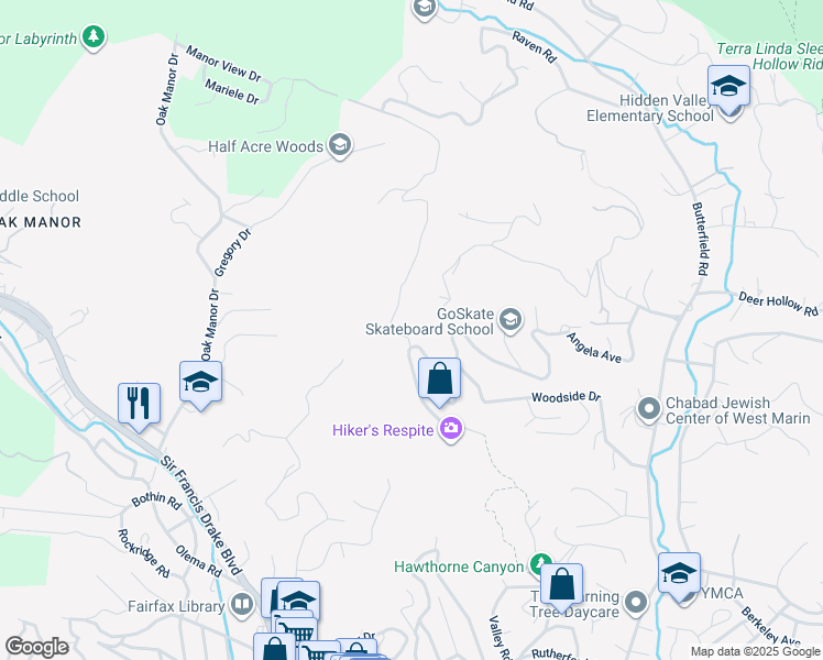 map of restaurants, bars, coffee shops, grocery stores, and more near 168 Oak Springs Drive in San Anselmo