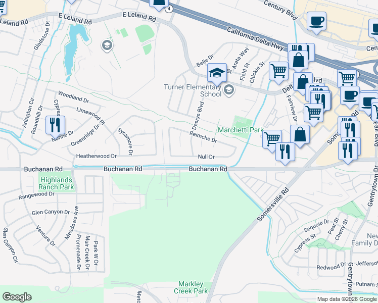 map of restaurants, bars, coffee shops, grocery stores, and more near 2626 Desrys Boulevard in Antioch