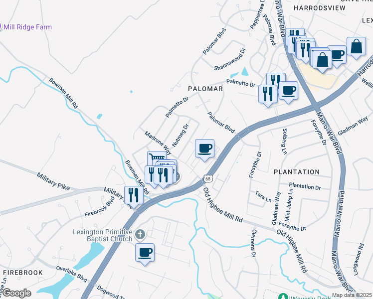 map of restaurants, bars, coffee shops, grocery stores, and more near 4236 Nutmeg Drive in Lexington