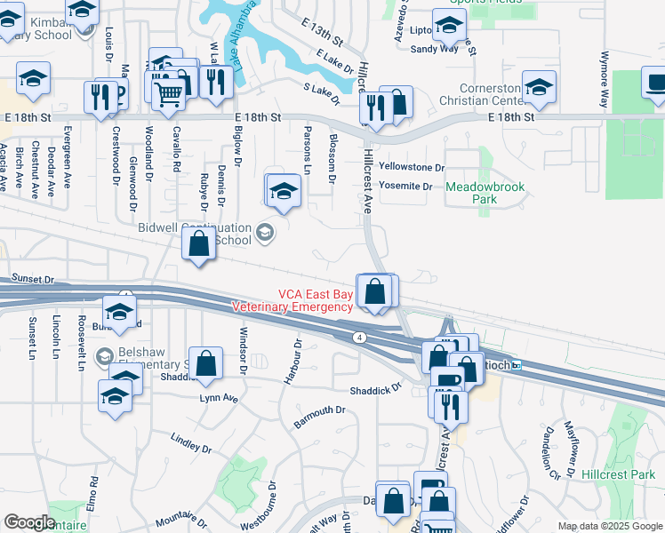 map of restaurants, bars, coffee shops, grocery stores, and more near 2274 Renwick Lane in Antioch