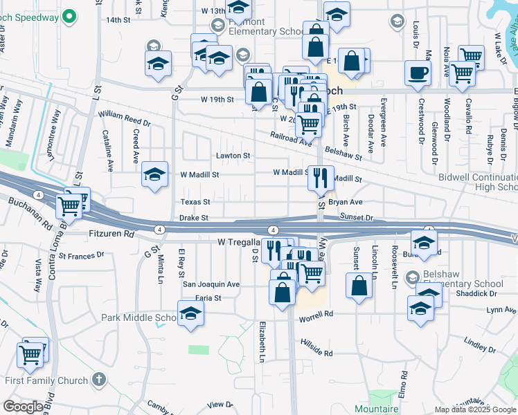 map of restaurants, bars, coffee shops, grocery stores, and more near 308 Texas Street in Antioch
