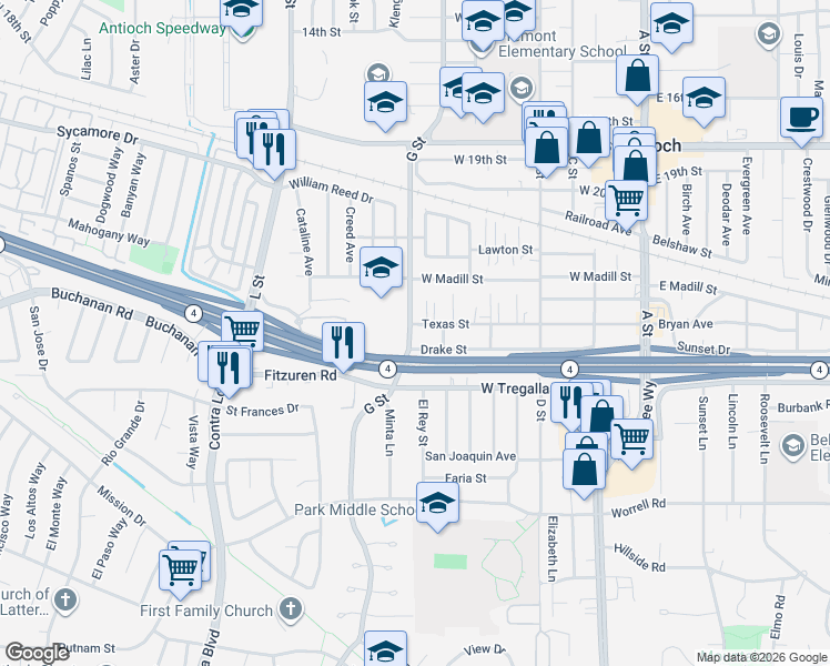 map of restaurants, bars, coffee shops, grocery stores, and more near 620 Texas Street in Antioch
