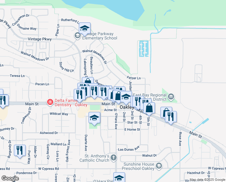 map of restaurants, bars, coffee shops, grocery stores, and more near 306 Deerpark Way in Oakley