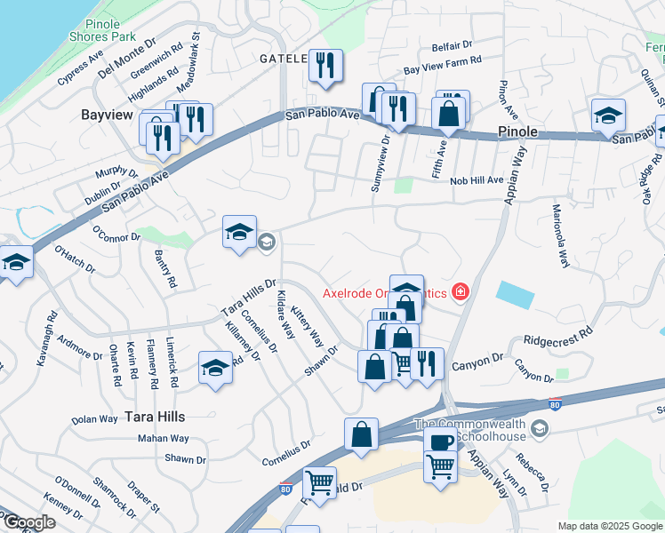 map of restaurants, bars, coffee shops, grocery stores, and more near 1280 Page Court in Pinole