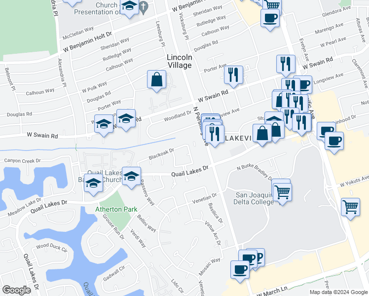 map of restaurants, bars, coffee shops, grocery stores, and more near 1521 Silver Creek Circle in Stockton
