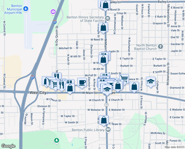 map of restaurants, bars, coffee shops, grocery stores, and more near 211 McFall Street in Benton