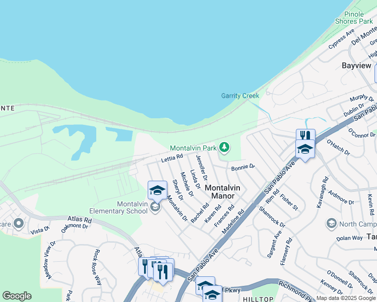 map of restaurants, bars, coffee shops, grocery stores, and more near 1403 Lettia Road in San Pablo