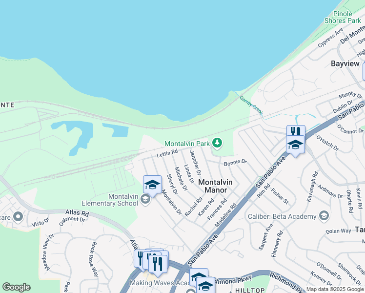 map of restaurants, bars, coffee shops, grocery stores, and more near 1403 Lettia Road in San Pablo