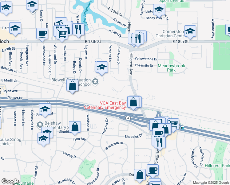map of restaurants, bars, coffee shops, grocery stores, and more near 2274 Renwick Lane in Antioch