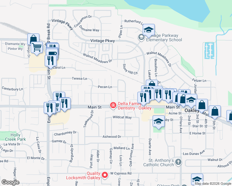 map of restaurants, bars, coffee shops, grocery stores, and more near 5033 Teixeira Way in Oakley