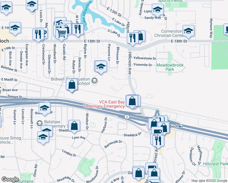 map of restaurants, bars, coffee shops, grocery stores, and more near 2274 Renwick Lane in Antioch