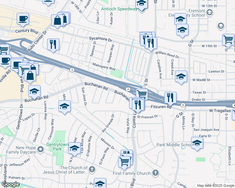 map of restaurants, bars, coffee shops, grocery stores, and more near 2701 Del Oro Circle in Antioch