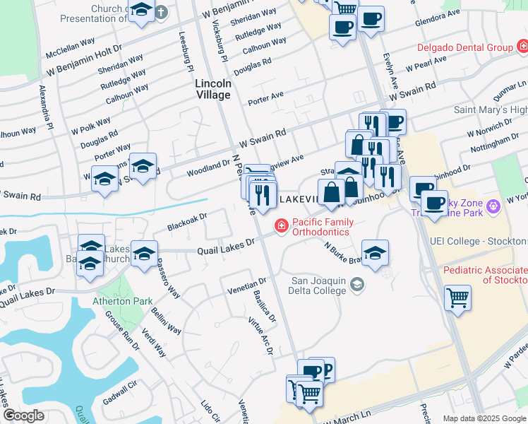 map of restaurants, bars, coffee shops, grocery stores, and more near 5638 North Pershing Avenue in Stockton