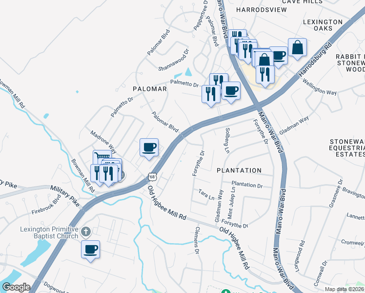 map of restaurants, bars, coffee shops, grocery stores, and more near 4121 Reserve Road in Lexington