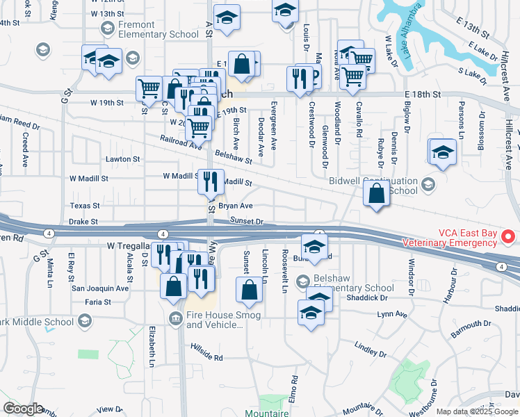 map of restaurants, bars, coffee shops, grocery stores, and more near 34 Bryan Avenue in Antioch