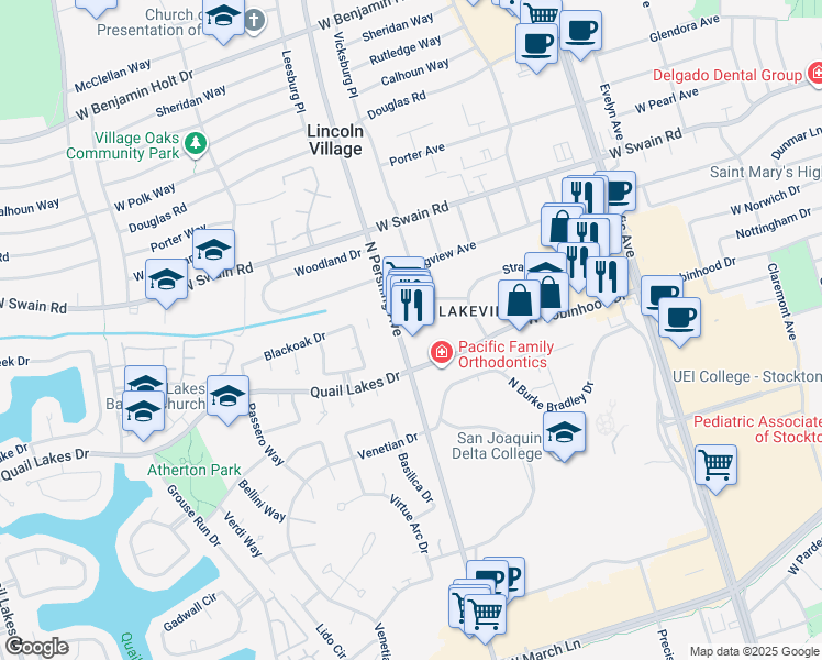 map of restaurants, bars, coffee shops, grocery stores, and more near 5648 North Pershing Avenue in Stockton