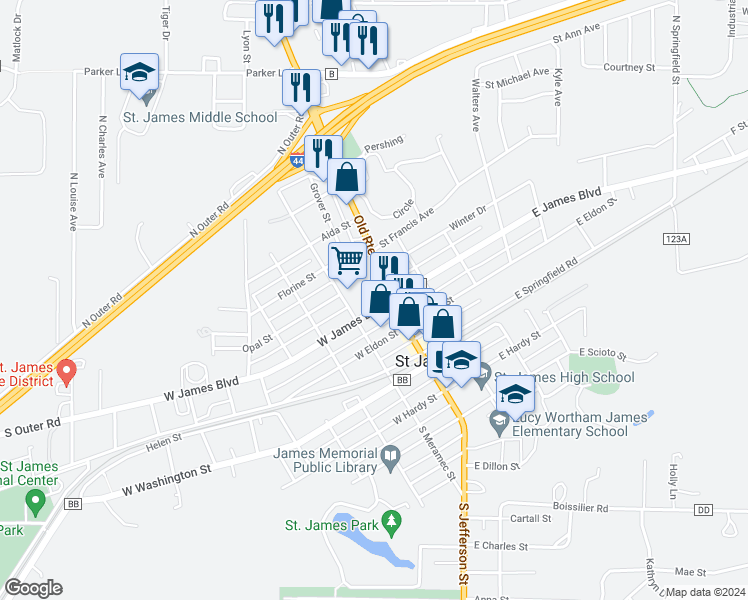 map of restaurants, bars, coffee shops, grocery stores, and more near 115 West James Boulevard in Saint James