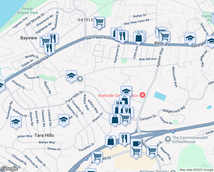 map of restaurants, bars, coffee shops, grocery stores, and more near 1340 Kilrush Court in Pinole