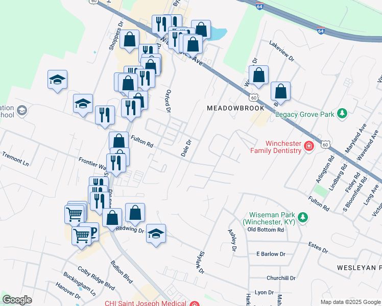 map of restaurants, bars, coffee shops, grocery stores, and more near 1214 Dale Drive in Winchester
