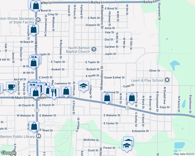map of restaurants, bars, coffee shops, grocery stores, and more near 609 East Smith Street in Benton