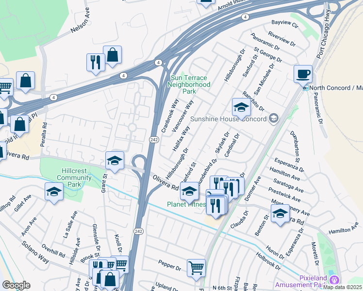 map of restaurants, bars, coffee shops, grocery stores, and more near 3491 Halifax Way in Concord