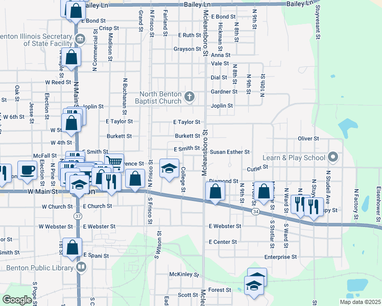 map of restaurants, bars, coffee shops, grocery stores, and more near 609 East Smith Street in Benton