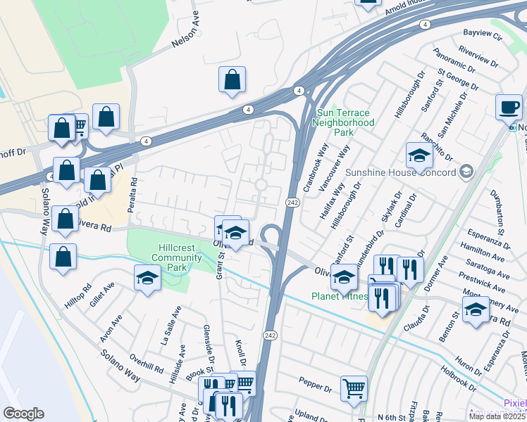 map of restaurants, bars, coffee shops, grocery stores, and more near 3205 Northwood Drive in Concord