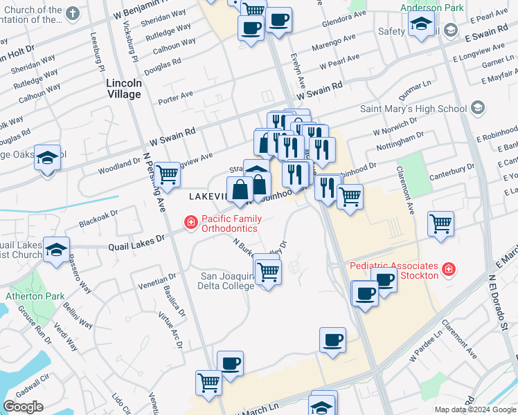 map of restaurants, bars, coffee shops, grocery stores, and more near 1048 West Robinhood Drive in Stockton