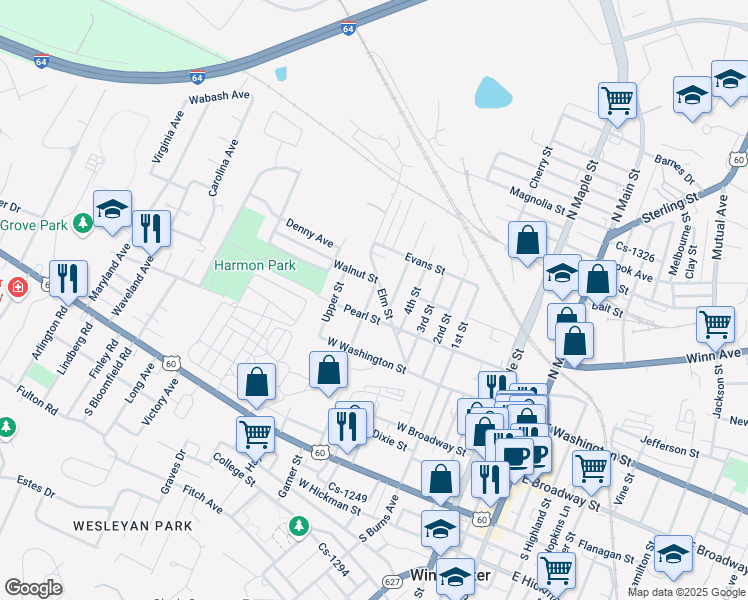 map of restaurants, bars, coffee shops, grocery stores, and more near 117 Spring Street in Winchester