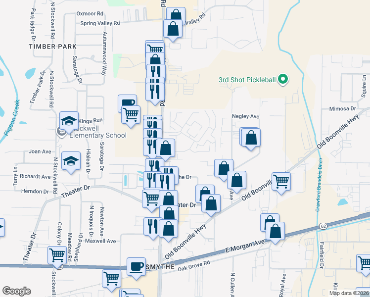 map of restaurants, bars, coffee shops, grocery stores, and more near 5004 Southlake Drive in Evansville