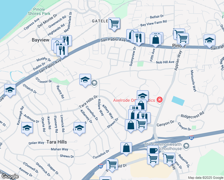 map of restaurants, bars, coffee shops, grocery stores, and more near 1280 Page Court in Pinole