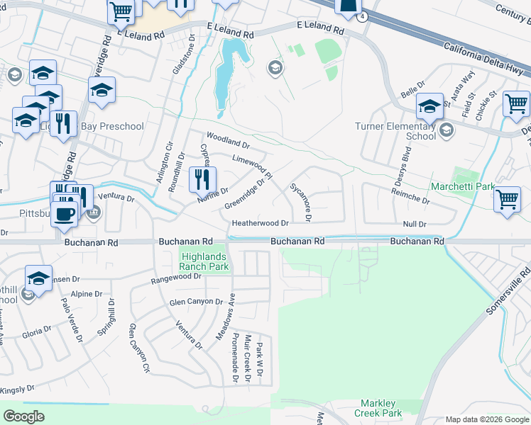 map of restaurants, bars, coffee shops, grocery stores, and more near 10 Heatherwood Court in Pittsburg