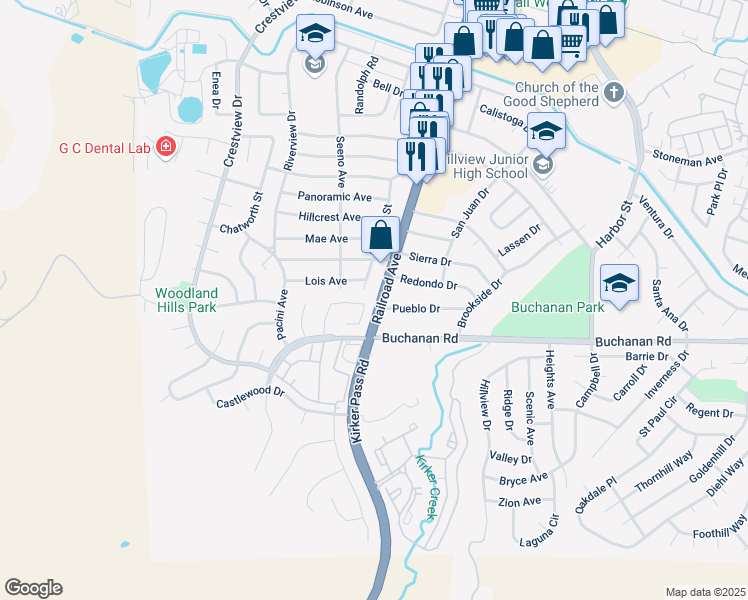 map of restaurants, bars, coffee shops, grocery stores, and more near 58 Gold Crest Court in Pittsburg