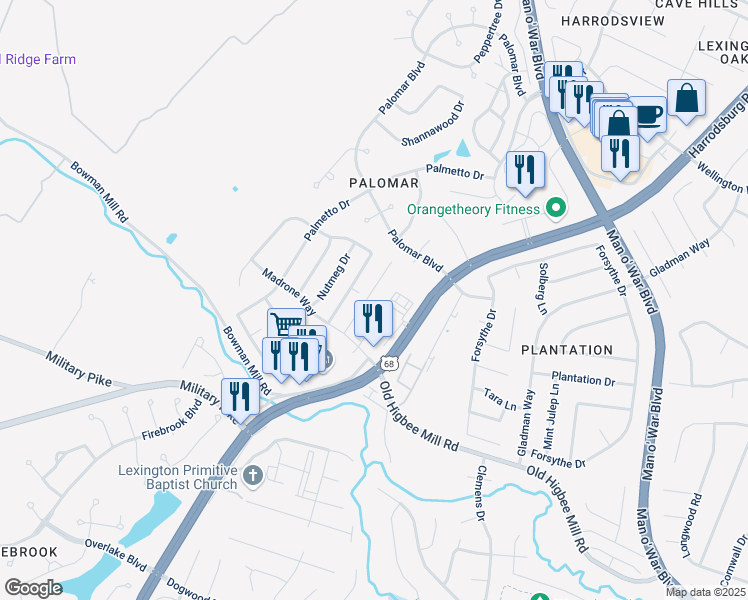 map of restaurants, bars, coffee shops, grocery stores, and more near 2117 Mangrove Drive in Lexington