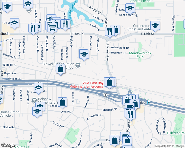 map of restaurants, bars, coffee shops, grocery stores, and more near 2217 Renwick Lane in Antioch