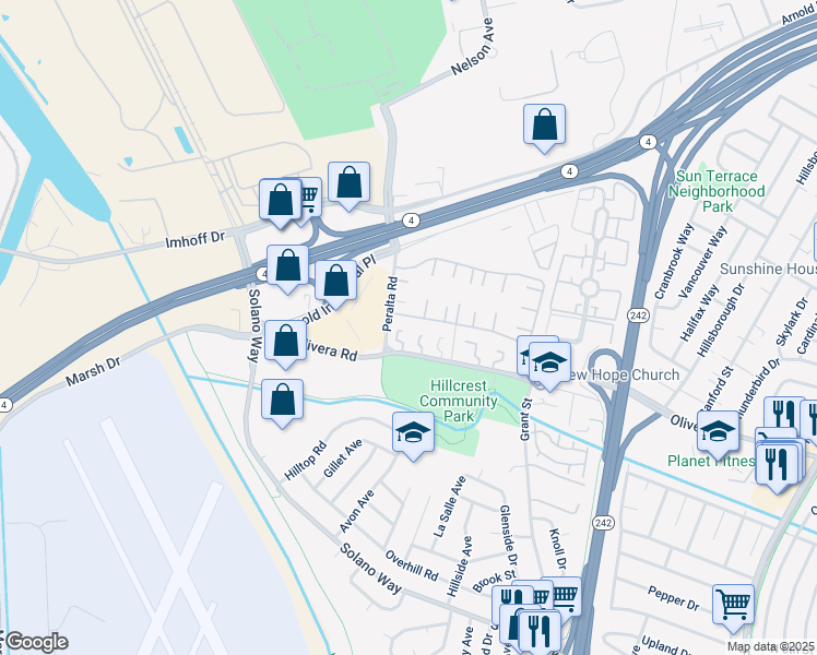 map of restaurants, bars, coffee shops, grocery stores, and more near 2011 Olivera Road in Concord