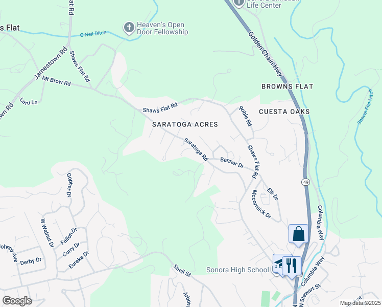 map of restaurants, bars, coffee shops, grocery stores, and more near 20790 Saratoga Road in Sonora