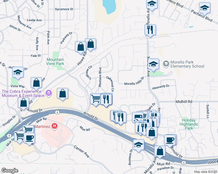map of restaurants, bars, coffee shops, grocery stores, and more near 321 Liveoak Court in Martinez
