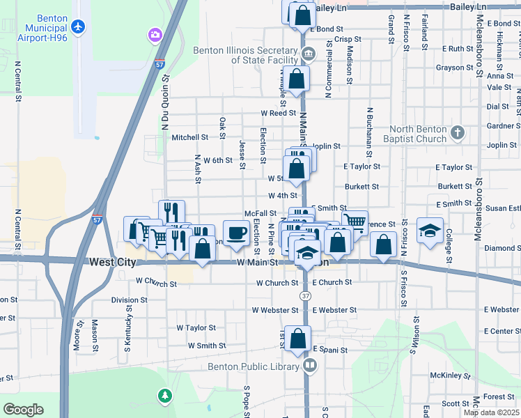 map of restaurants, bars, coffee shops, grocery stores, and more near 211 McFall Street in Benton