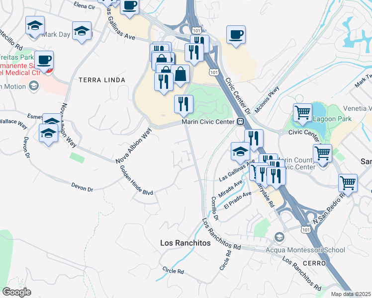 map of restaurants, bars, coffee shops, grocery stores, and more near 13 Pine Tree Court in San Rafael