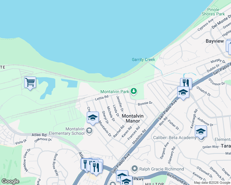map of restaurants, bars, coffee shops, grocery stores, and more near 1443 Lettia Rd in San Pablo