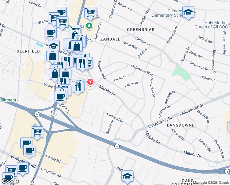 map of restaurants, bars, coffee shops, grocery stores, and more near 291 Malabu Drive in Lexington