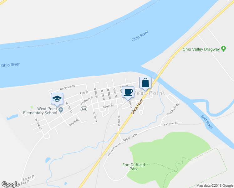 map of restaurants, bars, coffee shops, grocery stores, and more near 106 North 6th Street in West Point